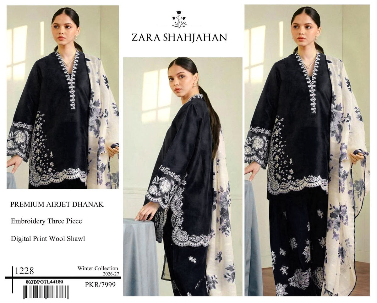 Zara Shahjahan Premium Dhanak Embroidered 3-Piece Suit | Digital Wool Shawl | Winter Collection 2026-27