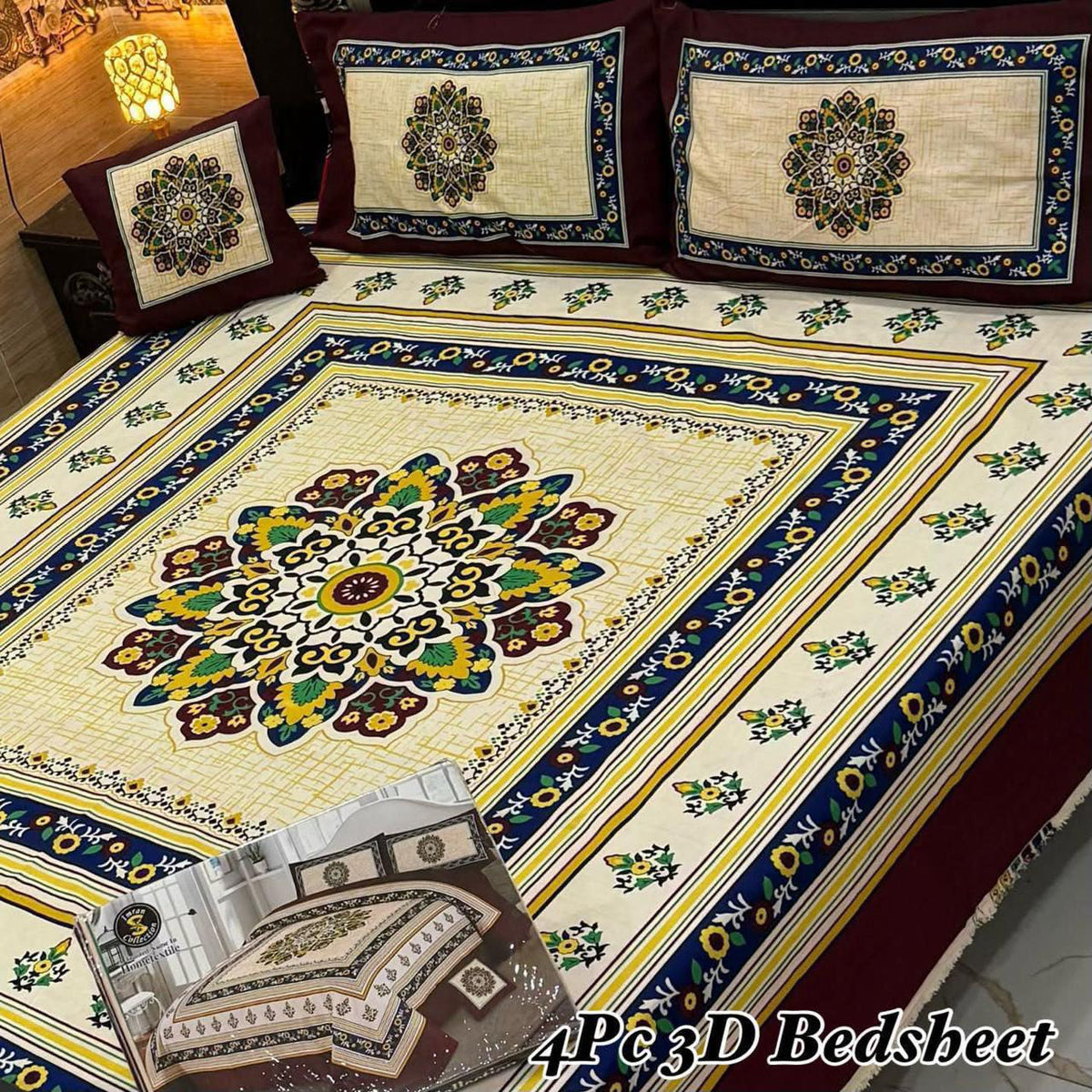 4Pc 3D Panel Bedsheet – Premium Crystal Cotton King Size