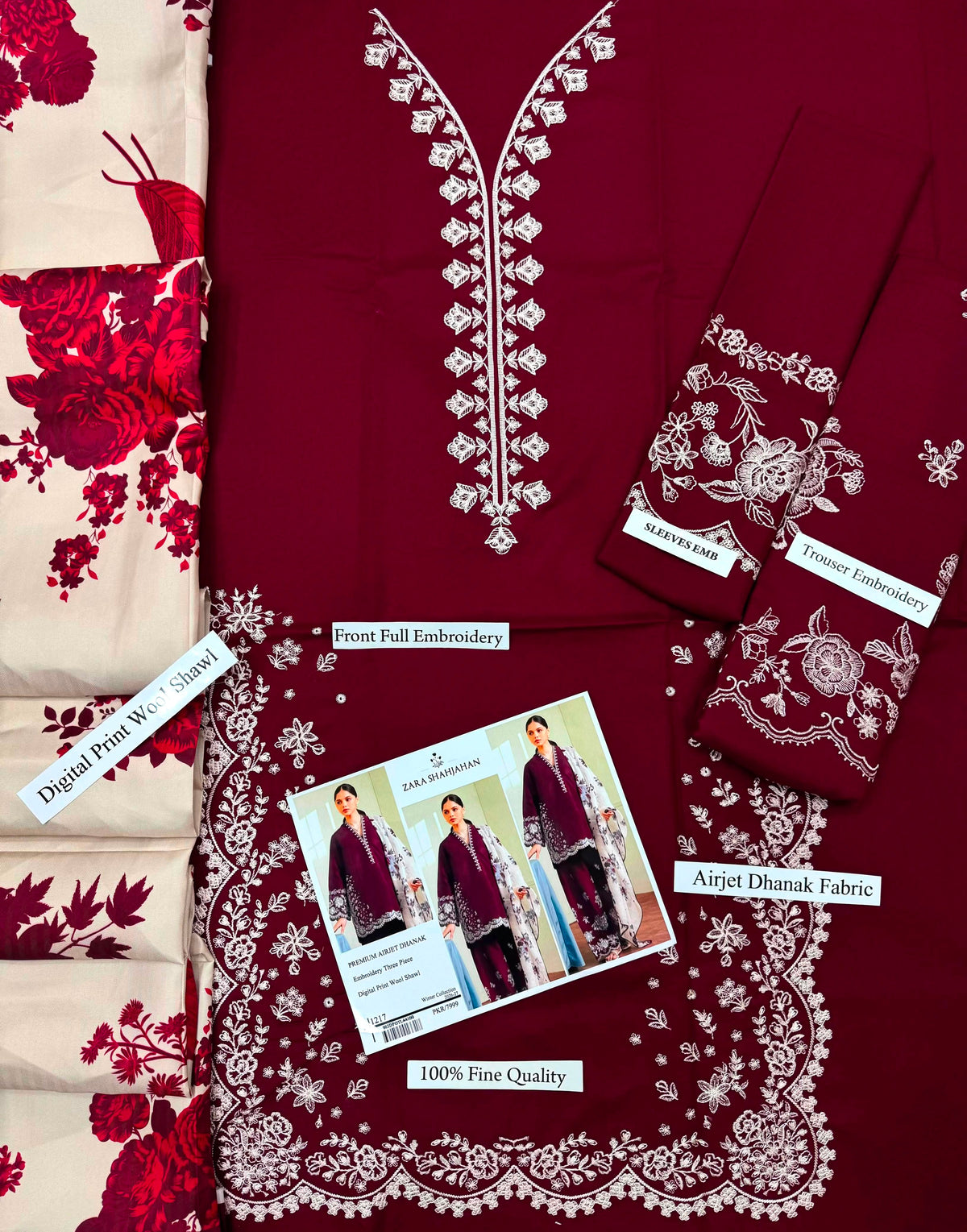 Zara Shahjahan Premium Dhanak Embroidered 3-Piece Suit | Digital Wool Shawl | Winter Collection 2026-27