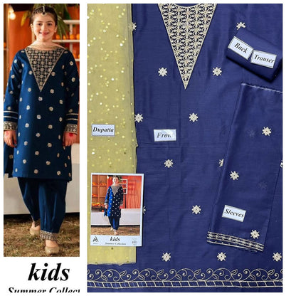 Kids 3-Piece Embroidered Lawn Suit with Net Dupatta & Stylish Patches