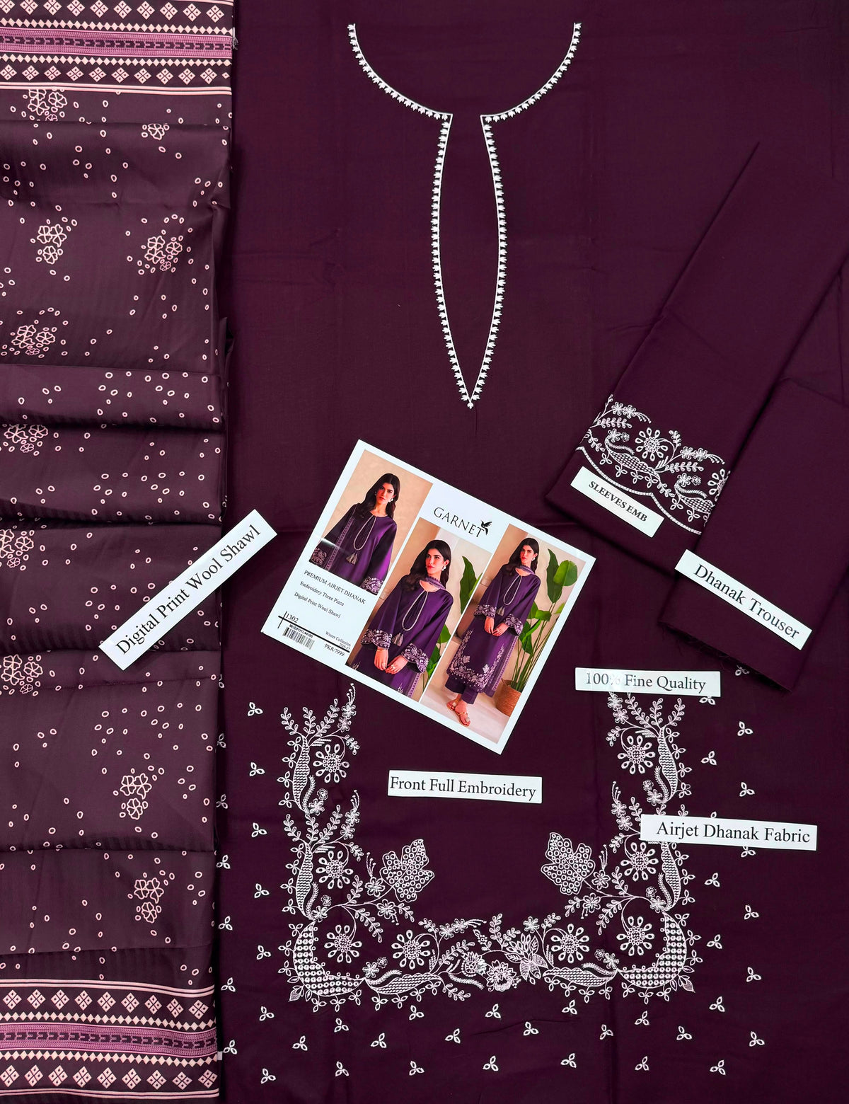 Premium Dhanak Heavy Embroidered 3-Piece Suit with Digital Print Wool Shawl | Full Front & Sleeves Heavy Embroidery | Dyed Back | Winter Collection 2026-27 | Code 1305, 1281 & 1219