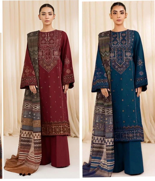 Premium Airjet Dhanak 3-Piece Suit with Embroidered Dhanak Shawl | Full Heavy Embroidery | Winter Collection 2026-27