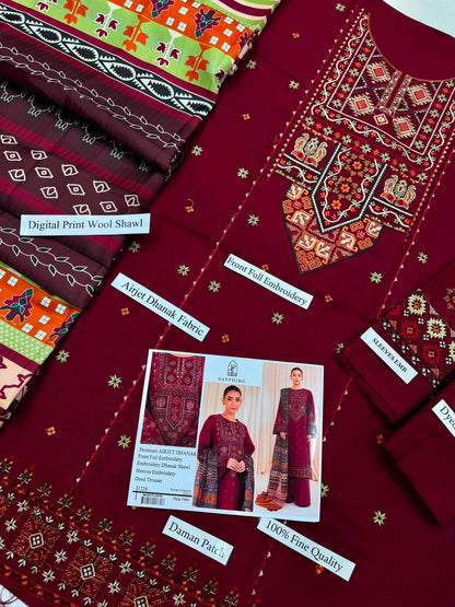Premium Airjet Dhanak 3-Piece Suit with Embroidered Dhanak Shawl | Full Heavy Embroidery | Winter Collection 2026-27