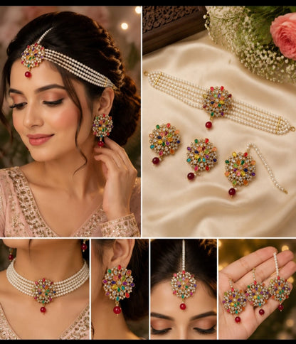 Luxury Pearl Bridal Jewelry Set | 4-Piece Gold & Peach Pearl Necklace, Earrings, Maang Tikka & Hand Chain | Traditional Pakistani Wedding Jewelry Set | Elegant Bridal Jewellery for Mehndi, Baraat & Party