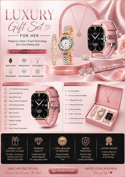 24K Luxury Gift Set for Her | Smart Watch + Diamond Watch + Bracelet + Necklace + Ring + Earrings | Premium Ladies Jewelry & Watch Set