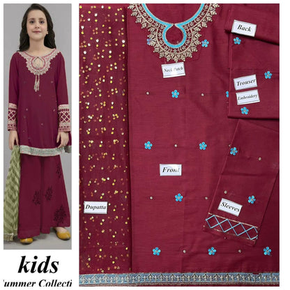 Kids 3-Piece Embroidered Lawn Suit with Net Dupatta & Stylish Patches