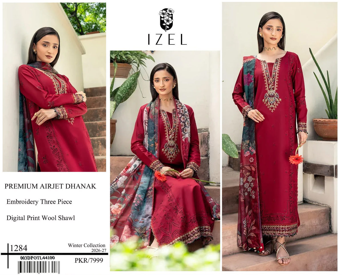 Premium Airjet Dhanak 3-Piece Suit with Digital Wool Shawl | Winter Collection 2026-27 | Full Embroidered Front & Sleeves