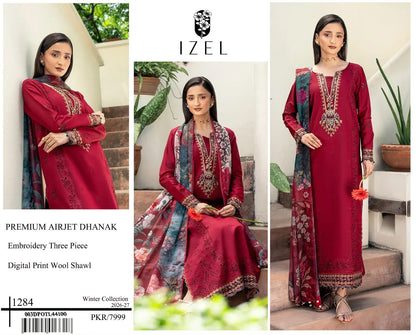 Premium Airjet Dhanak 3-Piece Suit with Digital Wool Shawl | Winter Collection 2026-27 | Full Embroidered Front & Sleeves