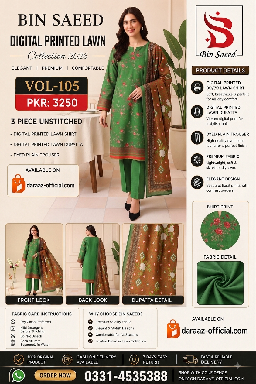 Bin Saeed Digital Printed Lawn Collection 2026 | 3 Piece Unstitched Lawn Suit | Vol-105 | Premium Printed Lawn Suit | PKR 3250