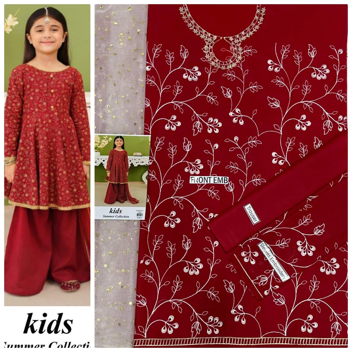 Kids 3-Piece Embroidered Lawn Suit with Net Dupatta & Stylish Patches