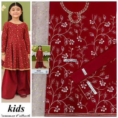 Kids 3-Piece Embroidered Lawn Suit with Net Dupatta & Stylish Patches