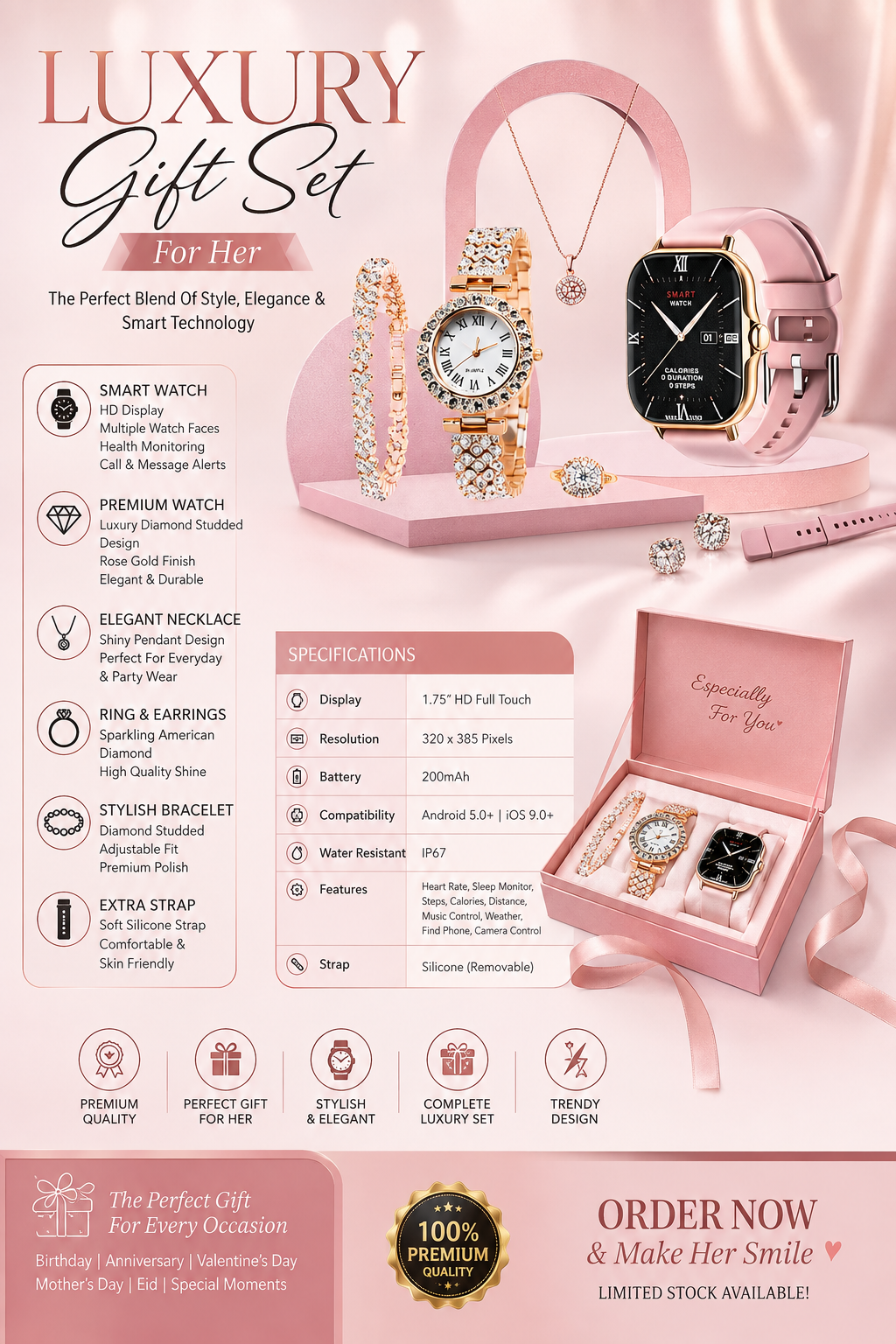 24K Luxury Gift Set for Her | Smart Watch + Diamond Watch + Bracelet + Necklace + Ring + Earrings | Premium Ladies Jewelry & Watch Set