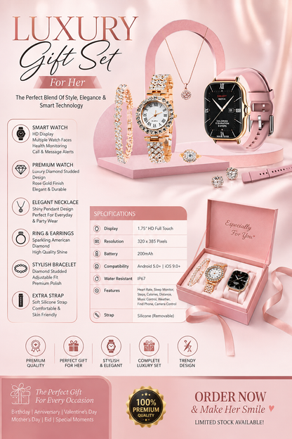 24K Luxury Gift Set for Her | Smart Watch + Diamond Watch + Bracelet + Necklace + Ring + Earrings | Premium Ladies Jewelry & Watch Set
