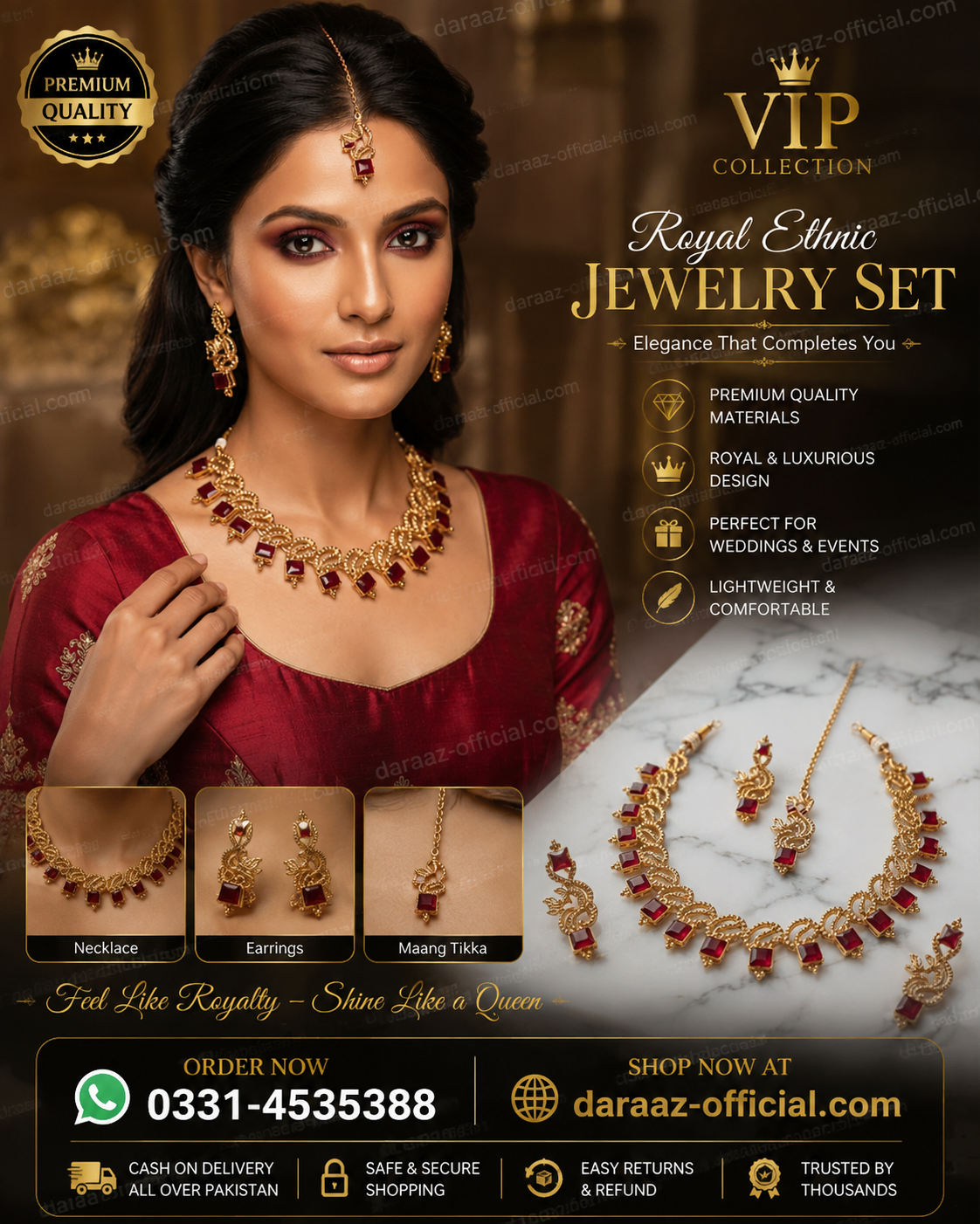 VIP Collection Royal Ethnic Jewelry Set for Women – Premium Gold-Tone Necklace, Earrings & Maang Tikka with Ruby Red Stones | Wedding & Party Wear Jewelry