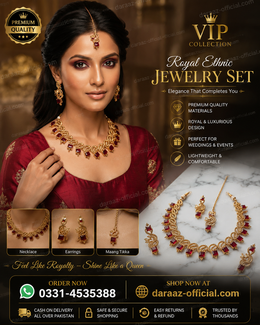 VIP Collection Royal Ethnic Jewelry Set for Women – Premium Gold-Tone Necklace, Earrings & Maang Tikka with Ruby Red Stones | Wedding & Party Wear Jewelry