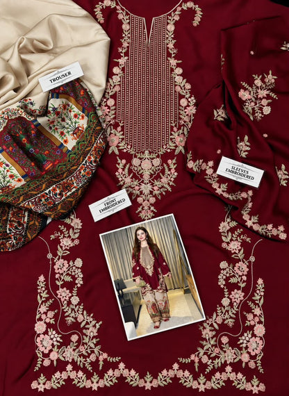 ✨ Premium Maroon Silk 2-Piece Suite | Heavy Thread & Sequence Embroidered Collection | Designer Printed Trouser