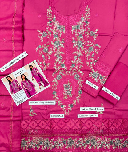 Premium Airjet Dhanak Embroidered 3-Piece Suit with Embroidered Dhanak Shawl | Heavy Front & Sleeves Embroidery | Dyed Trouser | Winter Collection 2026-27