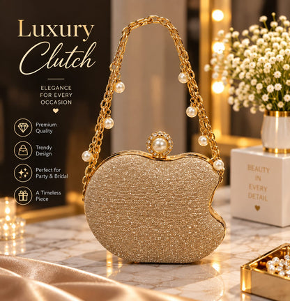 Trendy Golden Shimmer Pearl Handle Bridal Evening Clutch