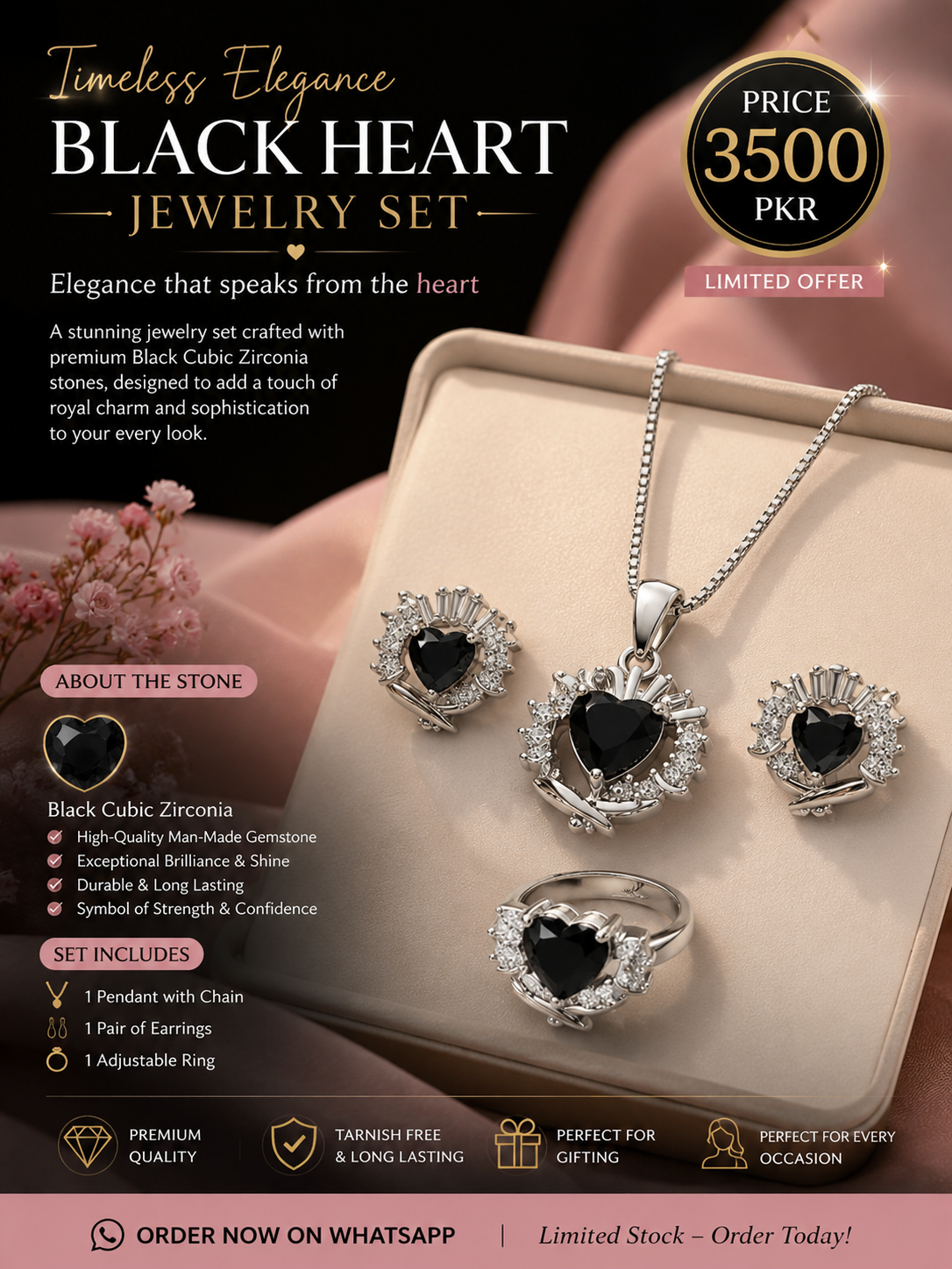 ✨ Black Heart Luxury Jewelry Set – Premium Elegant 3Pc Set | Necklace, Earrings & Adjustable Ring