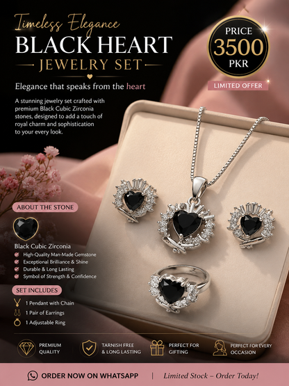✨ Black Heart Luxury Jewelry Set – Premium Elegant 3Pc Set | Necklace, Earrings & Adjustable Ring