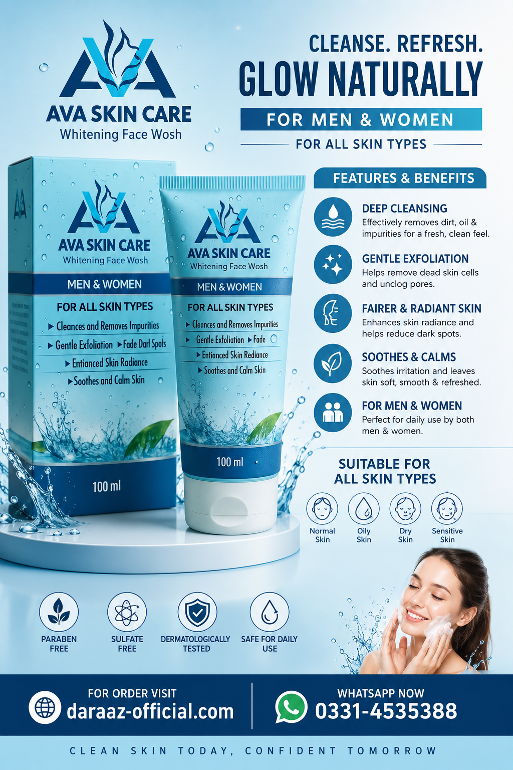 AVA Face Wash | Glycolic Acid & Vitamin-Enriched Brightening Cleanser | Deep Cleansing & Hydrating Formula | For All Skin Types