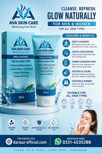 AVA Face Wash | Glycolic Acid & Vitamin-Enriched Brightening Cleanser | Deep Cleansing & Hydrating Formula | For All Skin Types