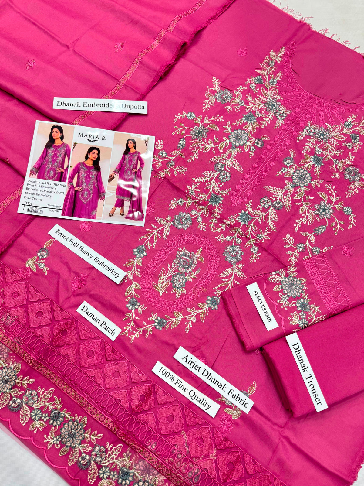 Premium Airjet Dhanak Embroidered 3-Piece Suit with Embroidered Dhanak Shawl | Heavy Front & Sleeves Embroidery | Dyed Trouser | Winter Collection 2026-27