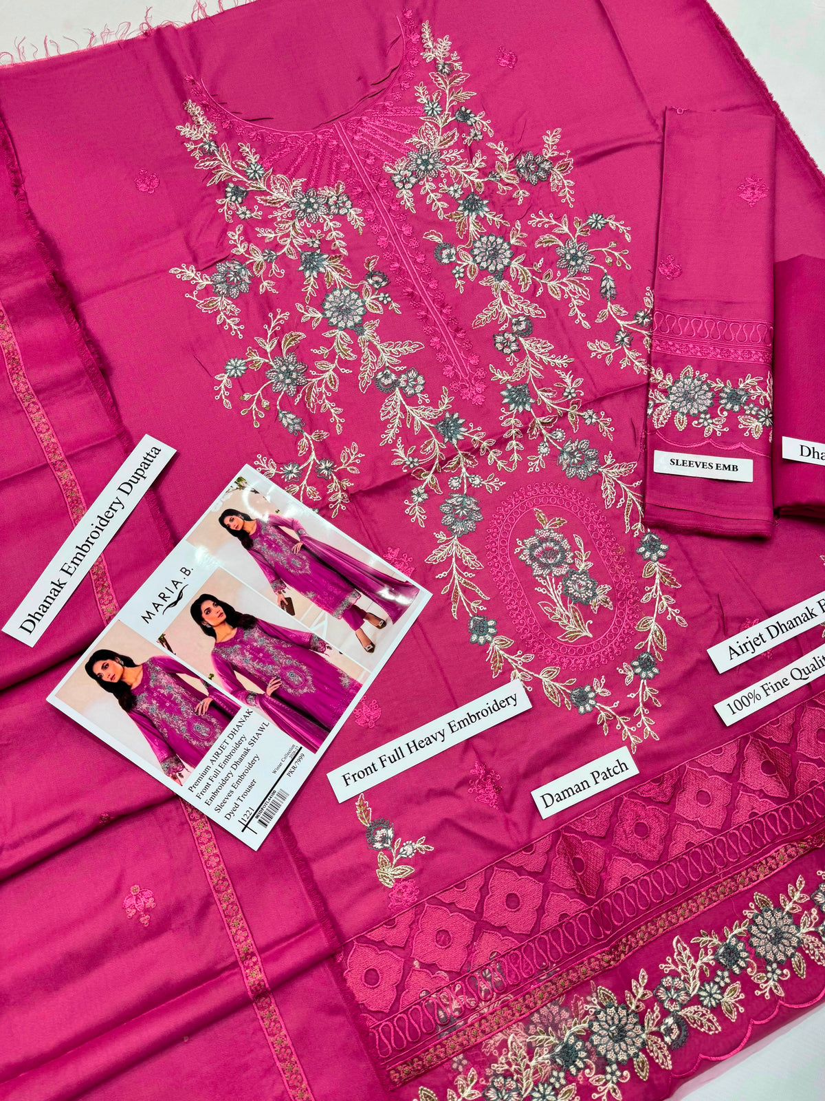 Premium Airjet Dhanak Embroidered 3-Piece Suit with Embroidered Dhanak Shawl | Heavy Front & Sleeves Embroidery | Dyed Trouser | Winter Collection 2026-27