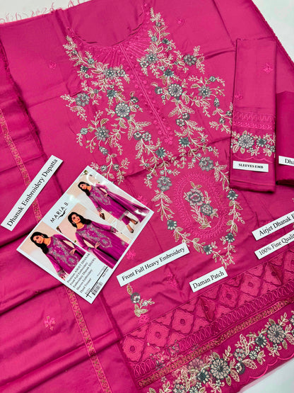 Premium Airjet Dhanak Embroidered 3-Piece Suit with Embroidered Dhanak Shawl | Heavy Front & Sleeves Embroidery | Dyed Trouser | Winter Collection 2026-27