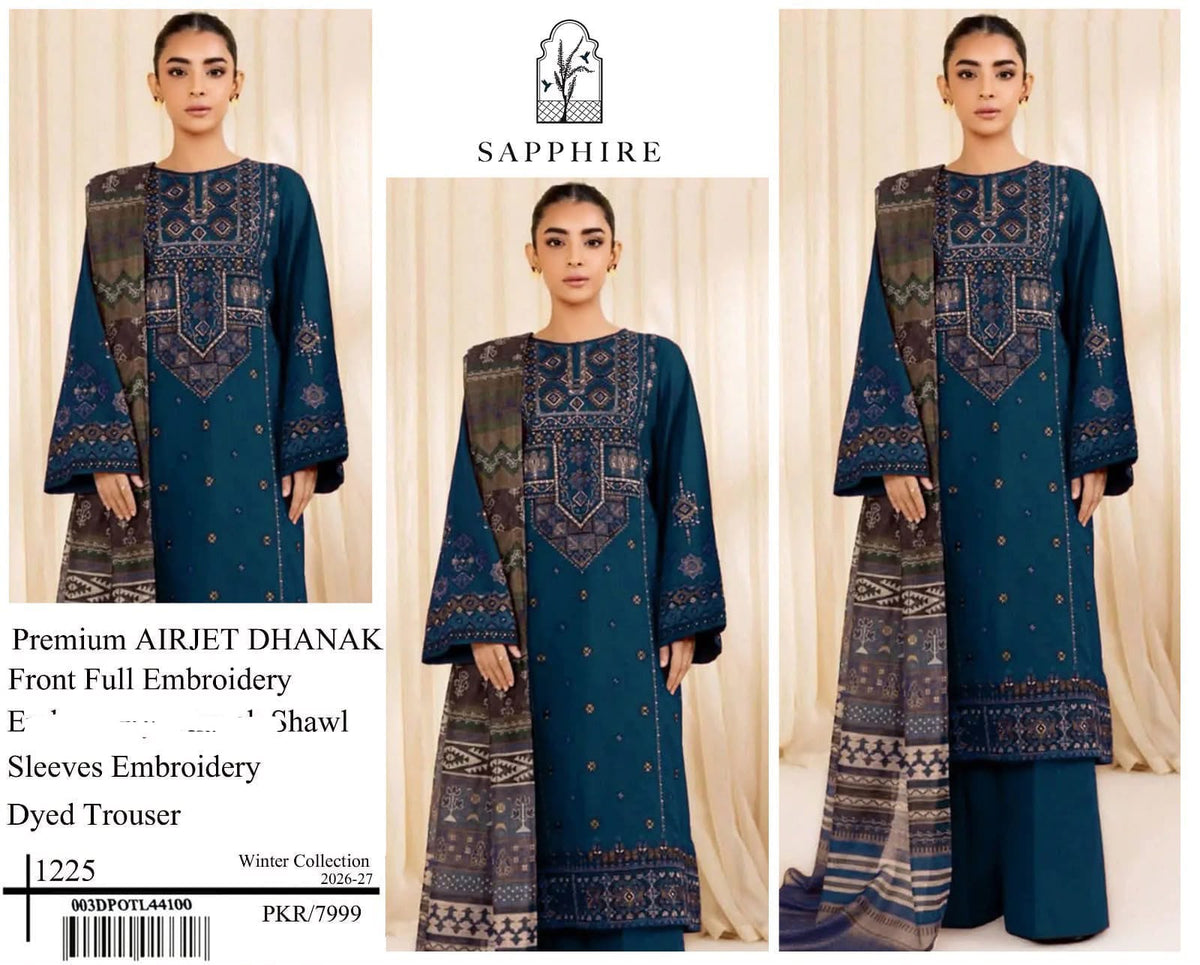 Premium Airjet Dhanak 3-Piece Suit with Embroidered Dhanak Shawl | Full Heavy Embroidery | Winter Collection 2026-27