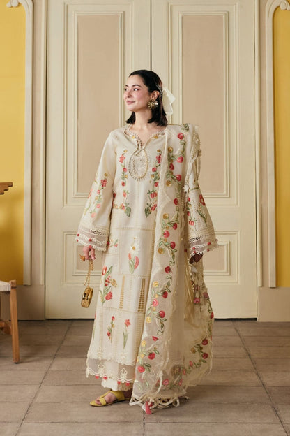 Maryam Hussain Fine Dhanak 3 Piece Unstitched Suit – Boring Embroidered Shirt & 4-Side Embroidered Shawl
