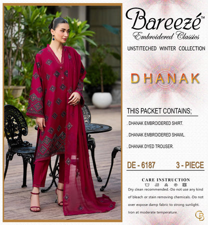 Bareeze 6187 Premium Winter Dhanak Collection 2026–27 | Heavy Embroidered 3-Piece Suit | Premium Shawl & Dyed Trouser
