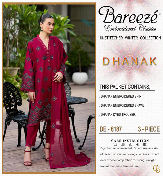Bareeze 6187 Premium Winter Dhanak Collection 2026–27 | Heavy Embroidered 3-Piece Suit | Premium Shawl & Dyed Trouser