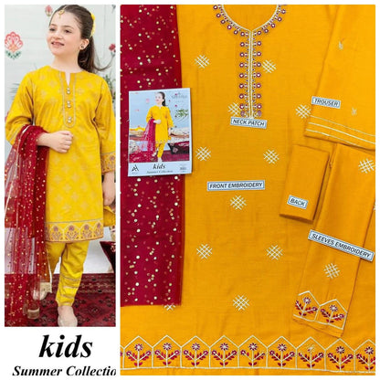 Kids 3-Piece Embroidered Lawn Suit with Net Dupatta & Stylish Patches