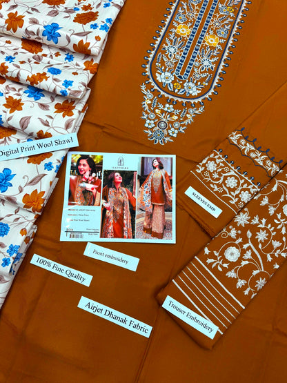 Premium Airjet Dhanak 3-Piece Suit with Digital Wool Shawl | Winter Collection 2026-27 | Full Embroidered Front & Sleeves