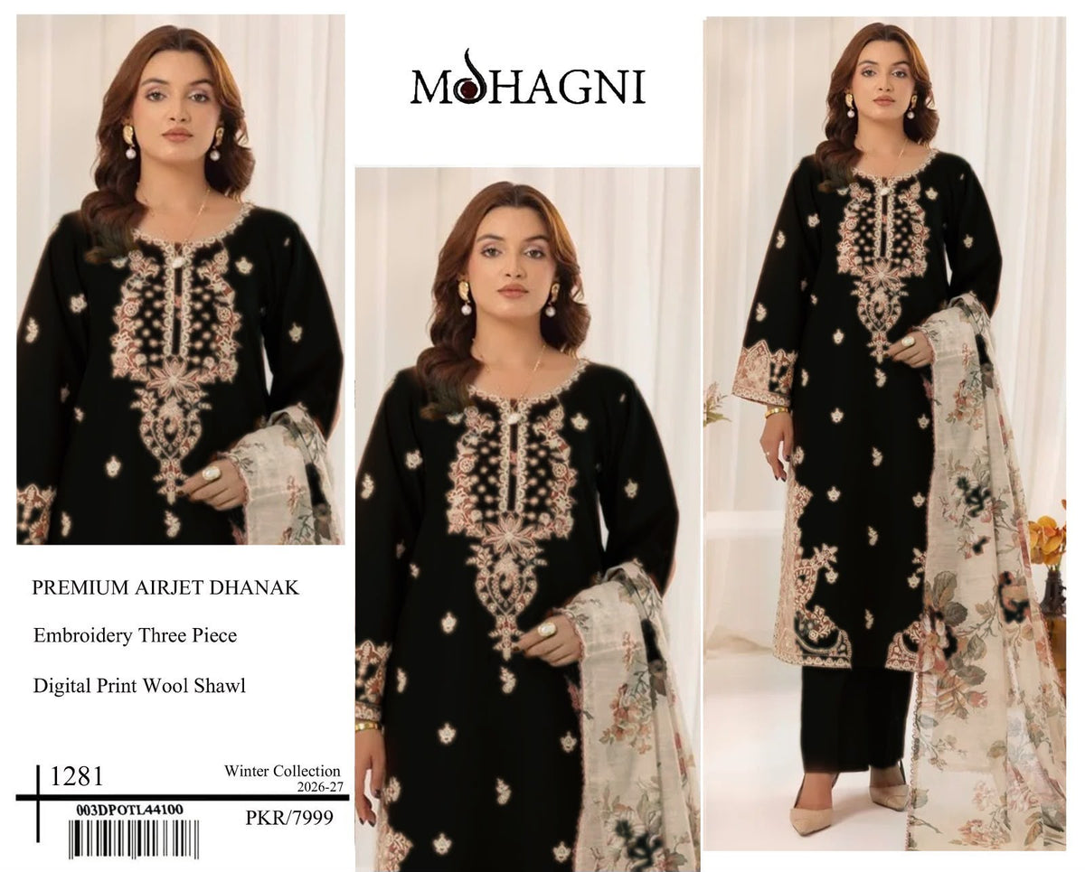Premium Dhanak Heavy Embroidered 3-Piece Suit with Digital Print Wool Shawl | Full Front & Sleeves Heavy Embroidery | Dyed Back | Winter Collection 2026-27 | Code 1305, 1281 & 1219