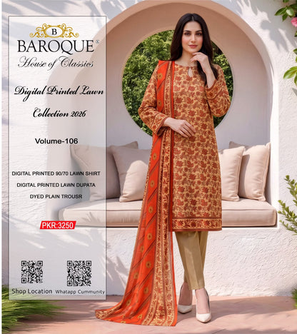 Baroque Digital Printed Lawn 3 Piece Unstitched Suit | Mustard Beige & Burnt Orange | Premium Lawn Collection 2026 | Vol-106