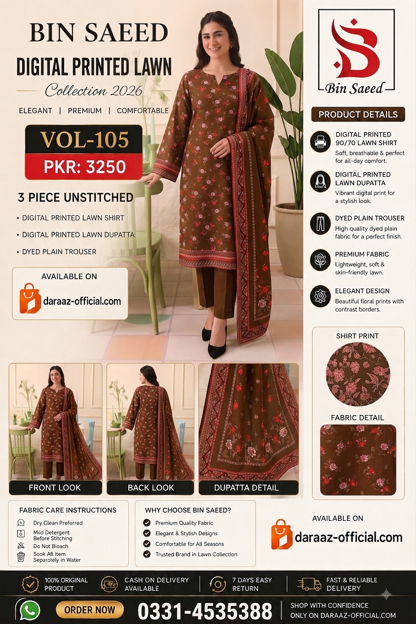 Bin Saeed Digital Printed Lawn Collection 2026 | 3 Piece Unstitched Lawn Suit | Vol-105 | Premium Printed Lawn Suit | PKR 3250