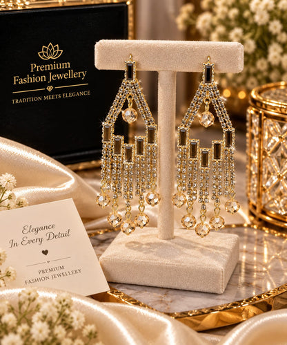 Elegant Black Crystal Gold-Plated Long Dangle Earrings for Women | Designer Party Wear Chandelier Earrings