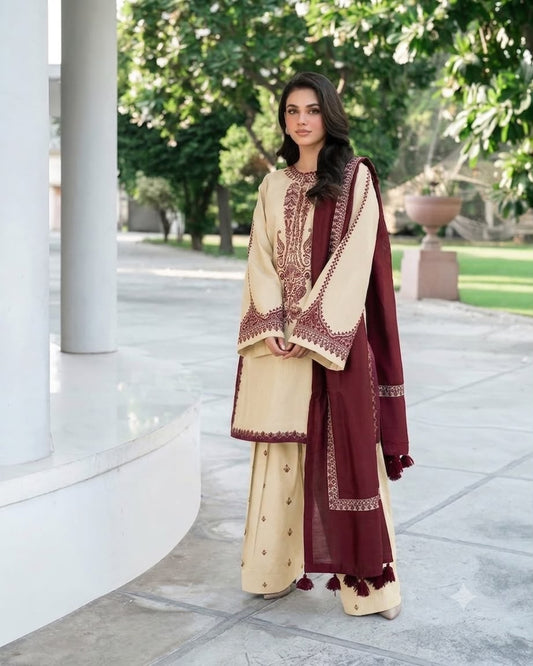 Baroque Premium Version Winter Dhanak 3PC Embroidered Suit 2026/27 | Luxury Heavy Thread & Multi-Sequence Embroidery | Dhanak Shawl Collection | Premium Winter Wear