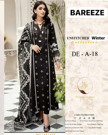 BAREEZE Premium Pure Dhanak 3PC Embroidered Suit | Heavy Thread Embroidery with Dhanak Shawl | Winter Collection 2026–27