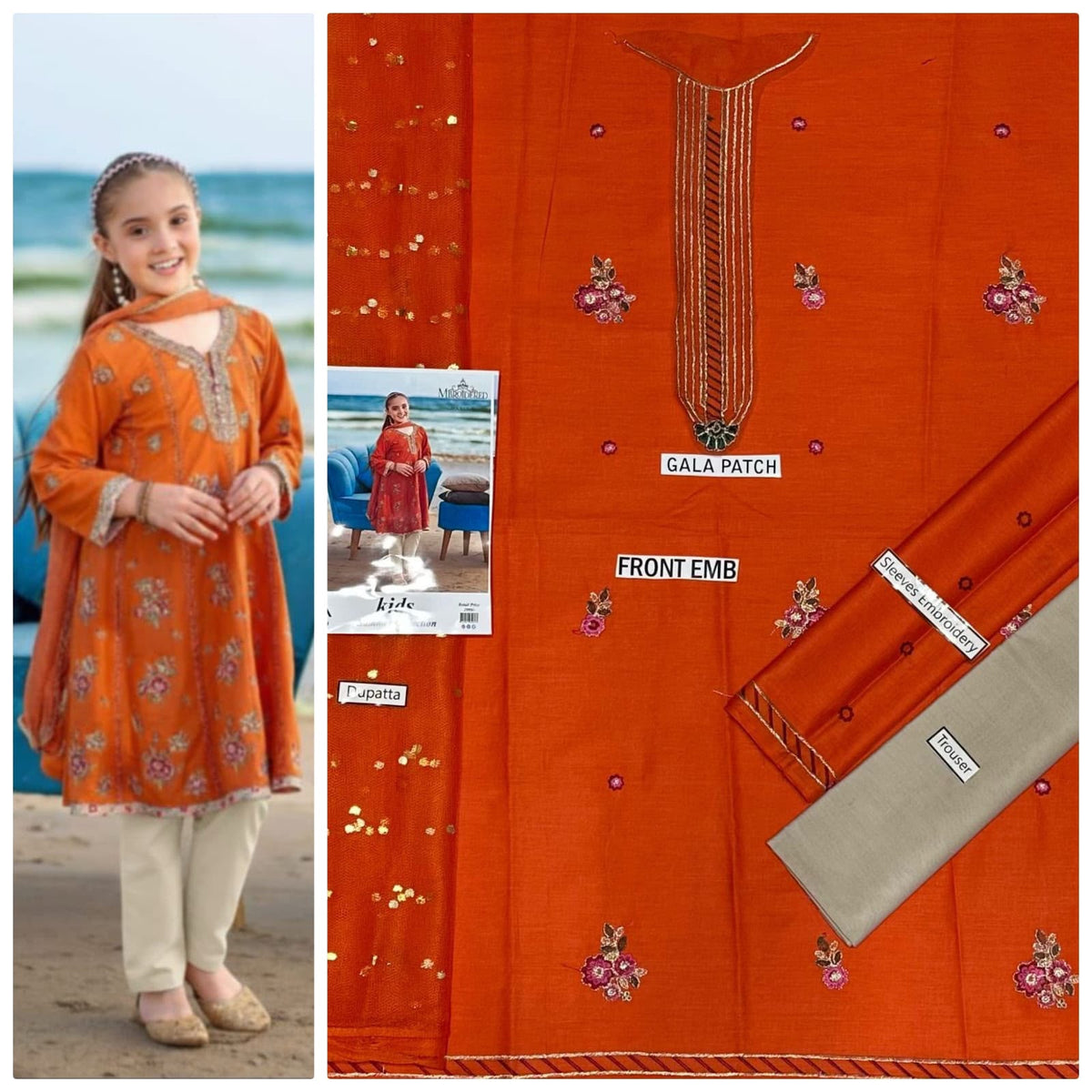 Kids 3-Piece Embroidered Lawn Suit with Net Dupatta & Stylish Patches