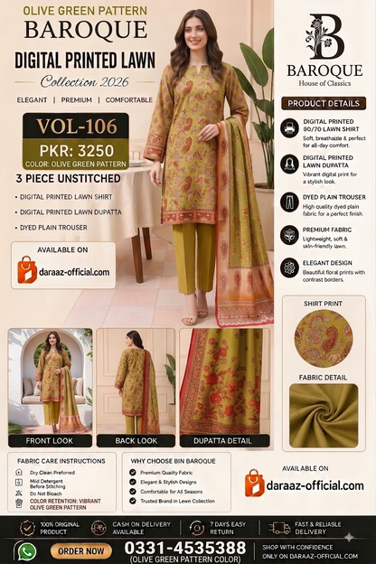 Baroque Digital Printed Lawn 3 Piece Unstitched Suit | Mustard Beige & Burnt Orange | Premium Lawn Collection 2026 | Vol-106
