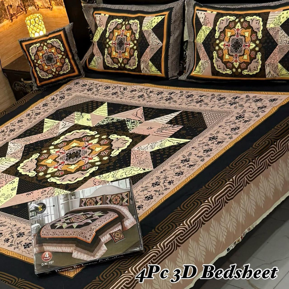 4Pc 3D Panel Bedsheet – Premium Crystal Cotton King Size