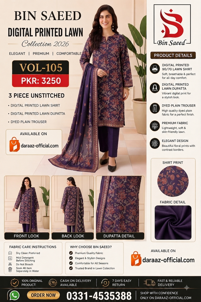 Bin Saeed Digital Printed Lawn Collection 2026 | 3 Piece Unstitched Lawn Suit | Vol-105 | Premium Printed Lawn Suit | PKR 3250