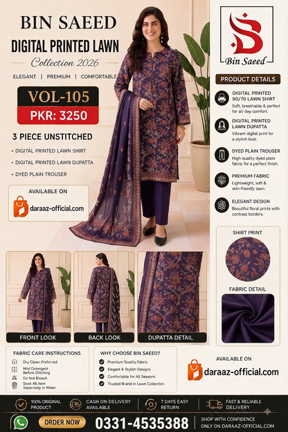 Bin Saeed Digital Printed Lawn Collection 2026 | 3 Piece Unstitched Lawn Suit | Vol-105 | Premium Printed Lawn Suit | PKR 3250