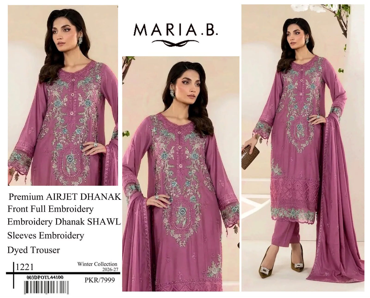 Premium Airjet Dhanak Embroidered 3-Piece Suit with Embroidered Dhanak Shawl | Heavy Front & Sleeves Embroidery | Dyed Trouser | Winter Collection 2026-27