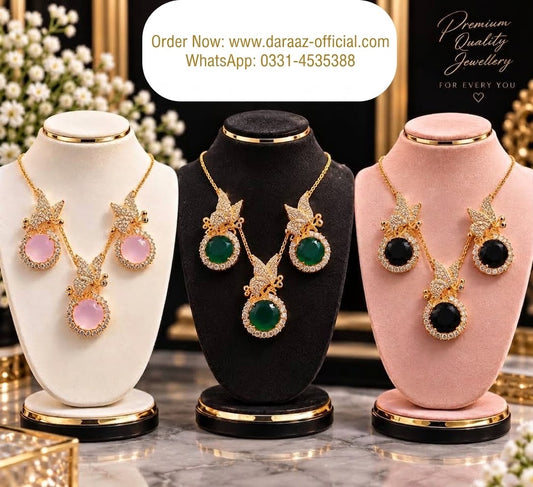 Premium Gold-Plated Butterfly Crystal Pendant Necklace Set for Women (Available in Pink, Green & Black)