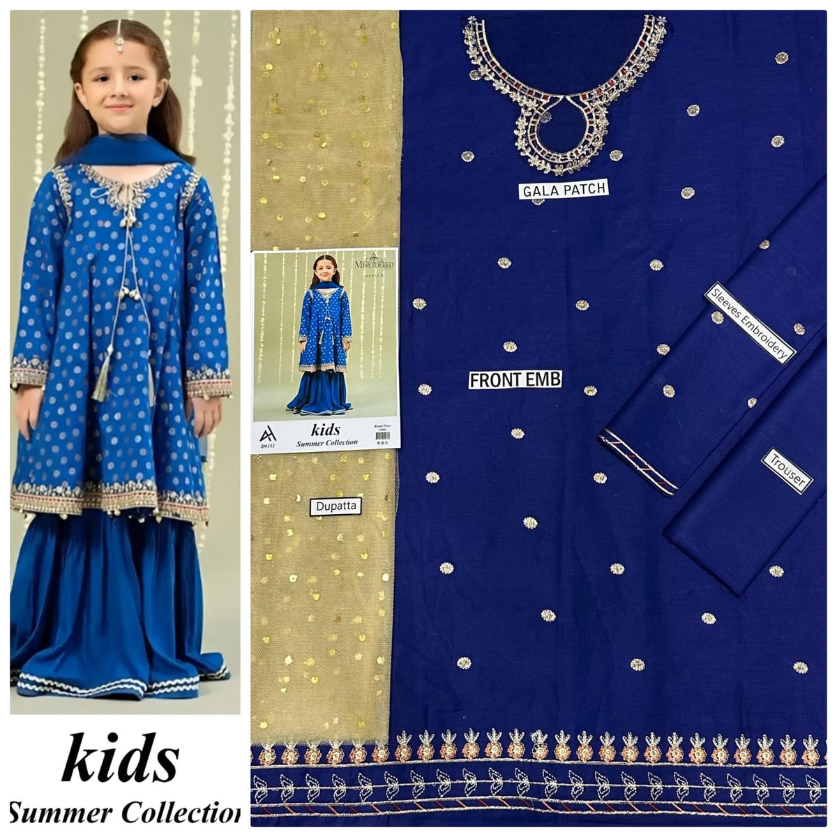Kids 3-Piece Embroidered Lawn Suit with Net Dupatta & Stylish Patches