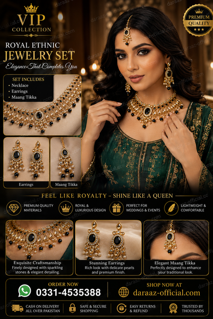 VIP Collection Royal Ethnic Jewelry Set for Women – Premium Gold-Tone Necklace, Earrings & Maang Tikka with Ruby Red Stones | Wedding & Party Wear Jewelry
